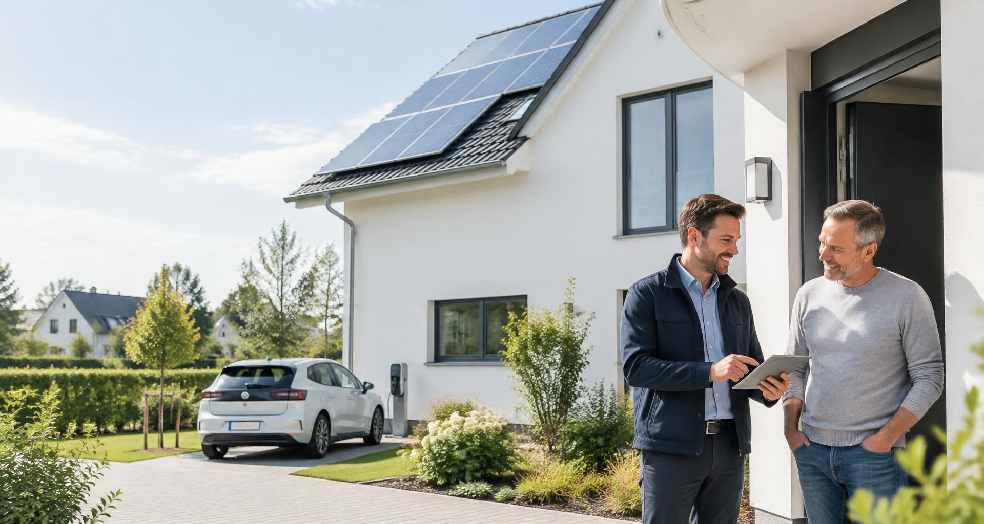 Energieberater bespricht einen Vor-Ort-Termin mit einem Kunden vor einem Haus mit Solaranlage